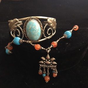 Silver and Imitation Turquoise Cuff snd Necklace